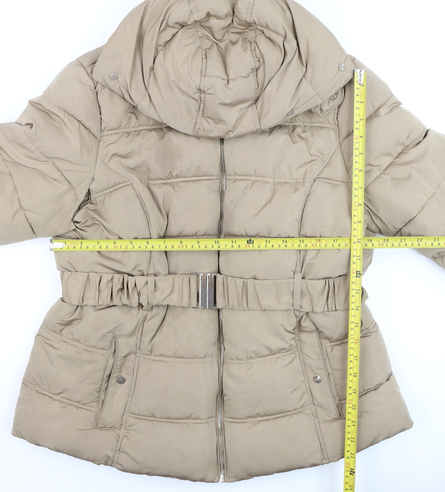 New Look Women’s Beige Puffer Jacket Size 12 Belted Faux Fur Hood Winter Coat