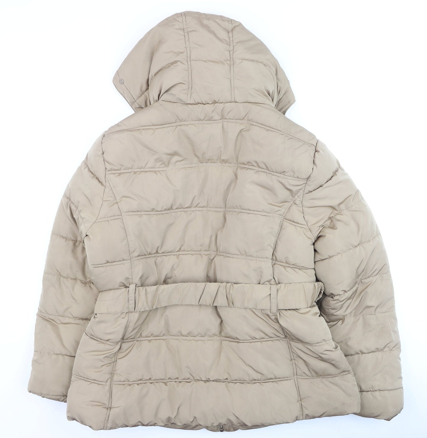 New Look Women’s Beige Puffer Jacket Size 12 Belted Faux Fur Hood Winter Coat
