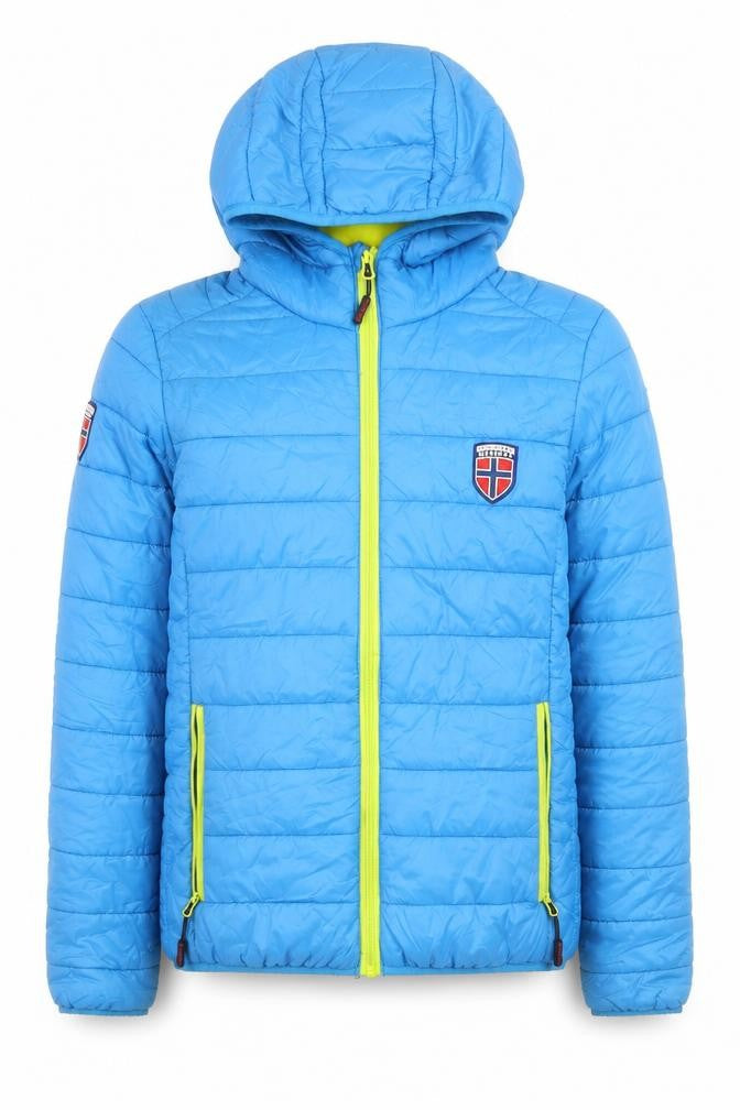 Front view of Exploring Norway boys’ blue hooded puffer jacket m nylon winter coat