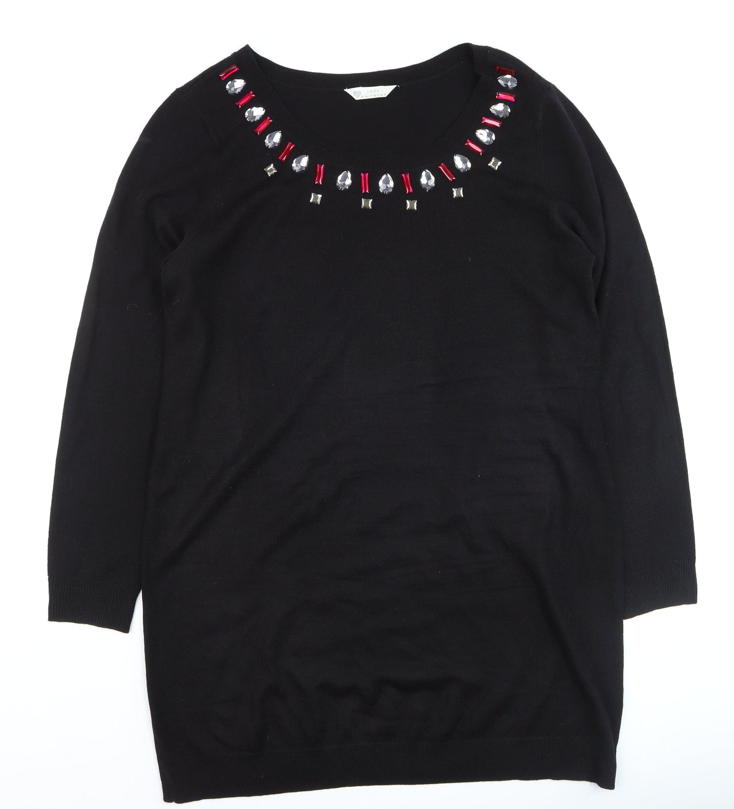 BHS Women Black Jewel Neckline 3/4 Sleeve Pullover Jumper Size 18