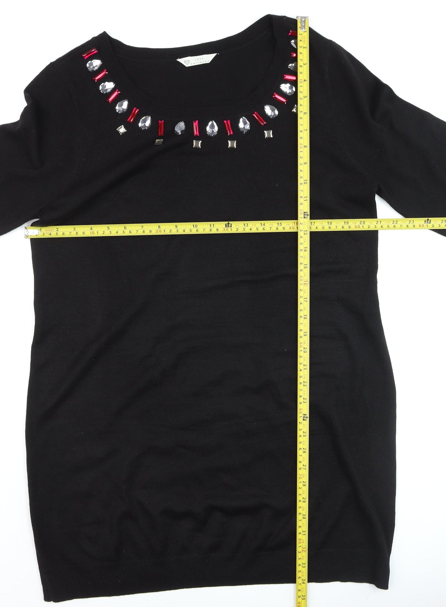 BHS Women Black Jewel Neckline 3/4 Sleeve Pullover Jumper Size 18