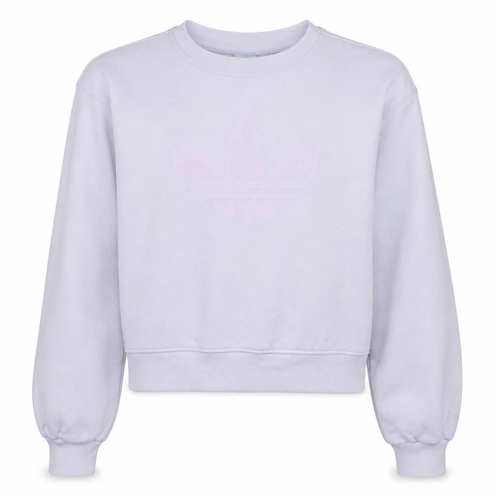 Front view of Adidas Women's Lilac Trefoil Sweatshirt, size 6, Crew Neck Pullover