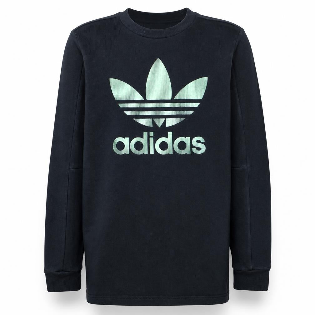 Front view of Adidas boys’ black crew neck pullover sweatshirt, size 13-14, years