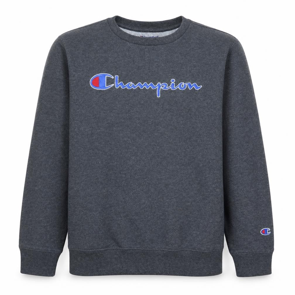 Front view of Champion boys’ grey crew neck pullover sweatshirt, size L