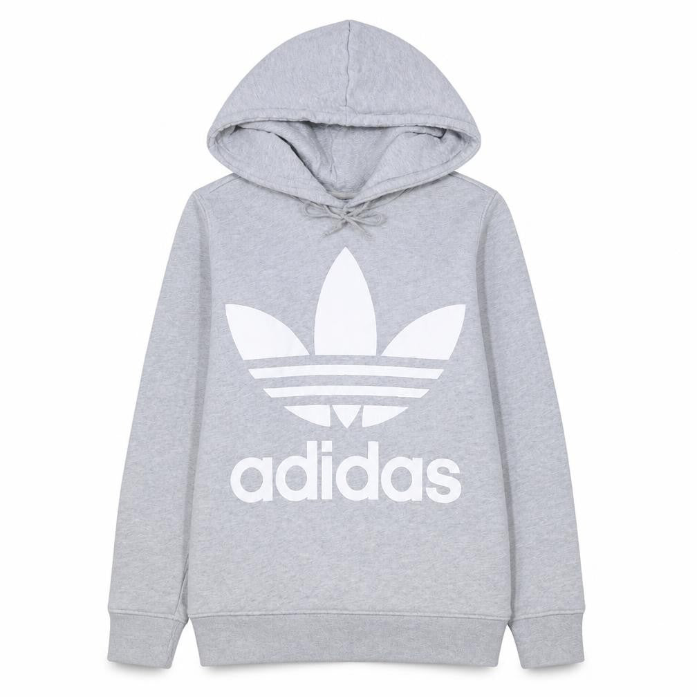 Front view of Adidas Women's Grey Pullover Hoodie UK 14 Long Sleeve Logo Sweatshirt