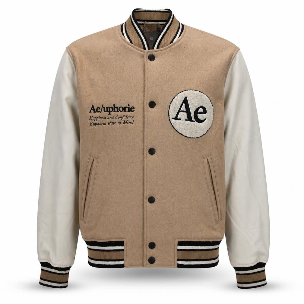 H&M Men Beige Varsity Jacket M Wool Blend Letterman College Style