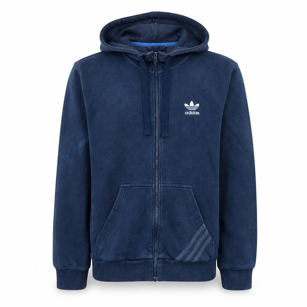 Front view of adidas Men's Blue Full Zip Hoodie, size S, Fleece Casual Sportswear
