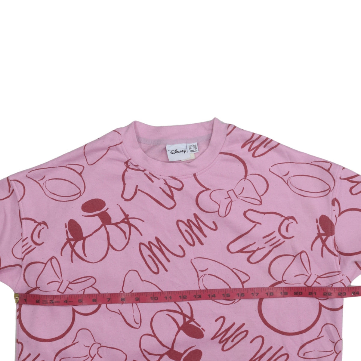 Brand and care label for Disney Women Pink Minnie Mouse Print Pullover Sweatshirt L