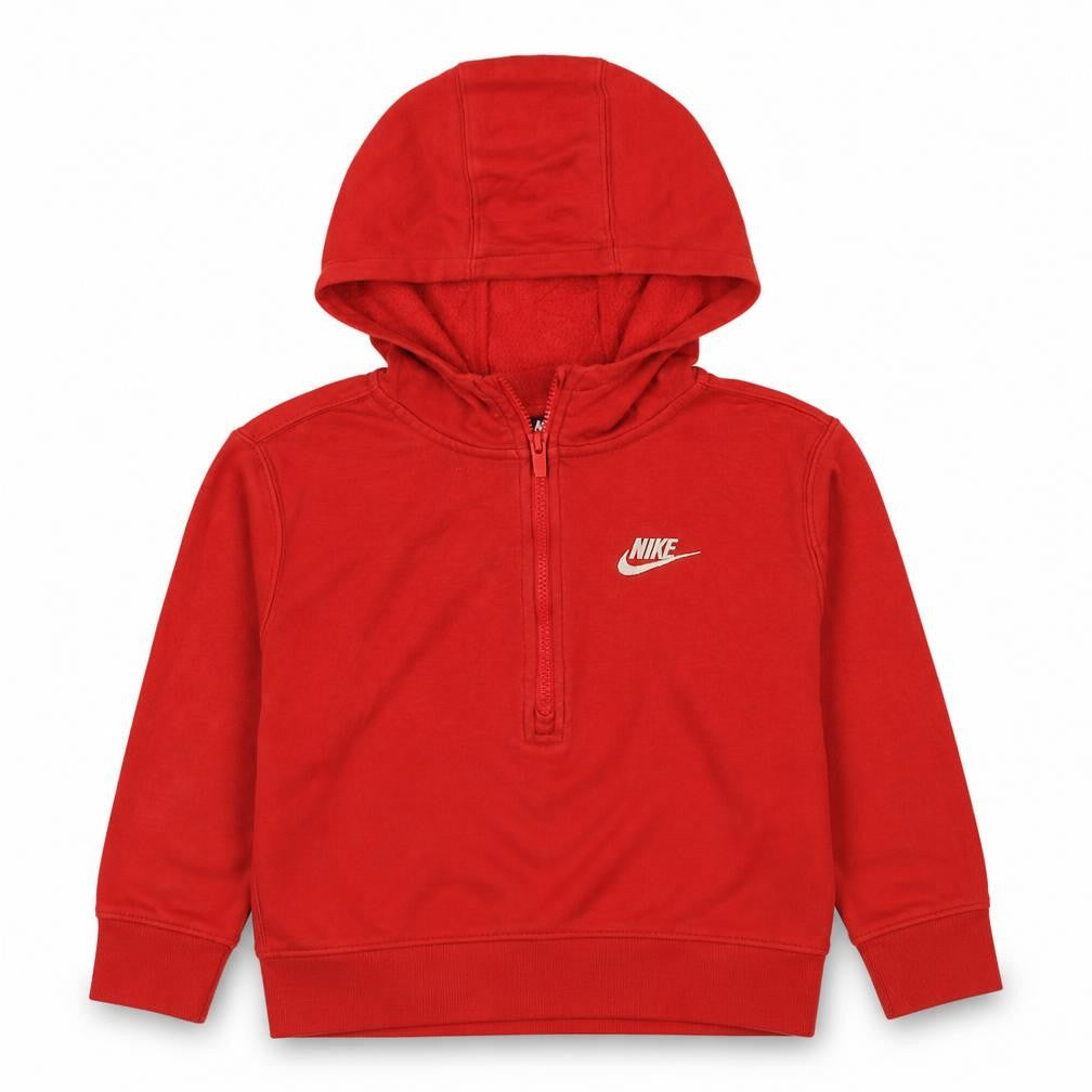 Front view of Nike boys’ red colourblock 1/2 zip hoodie in, size L, 147-158cm