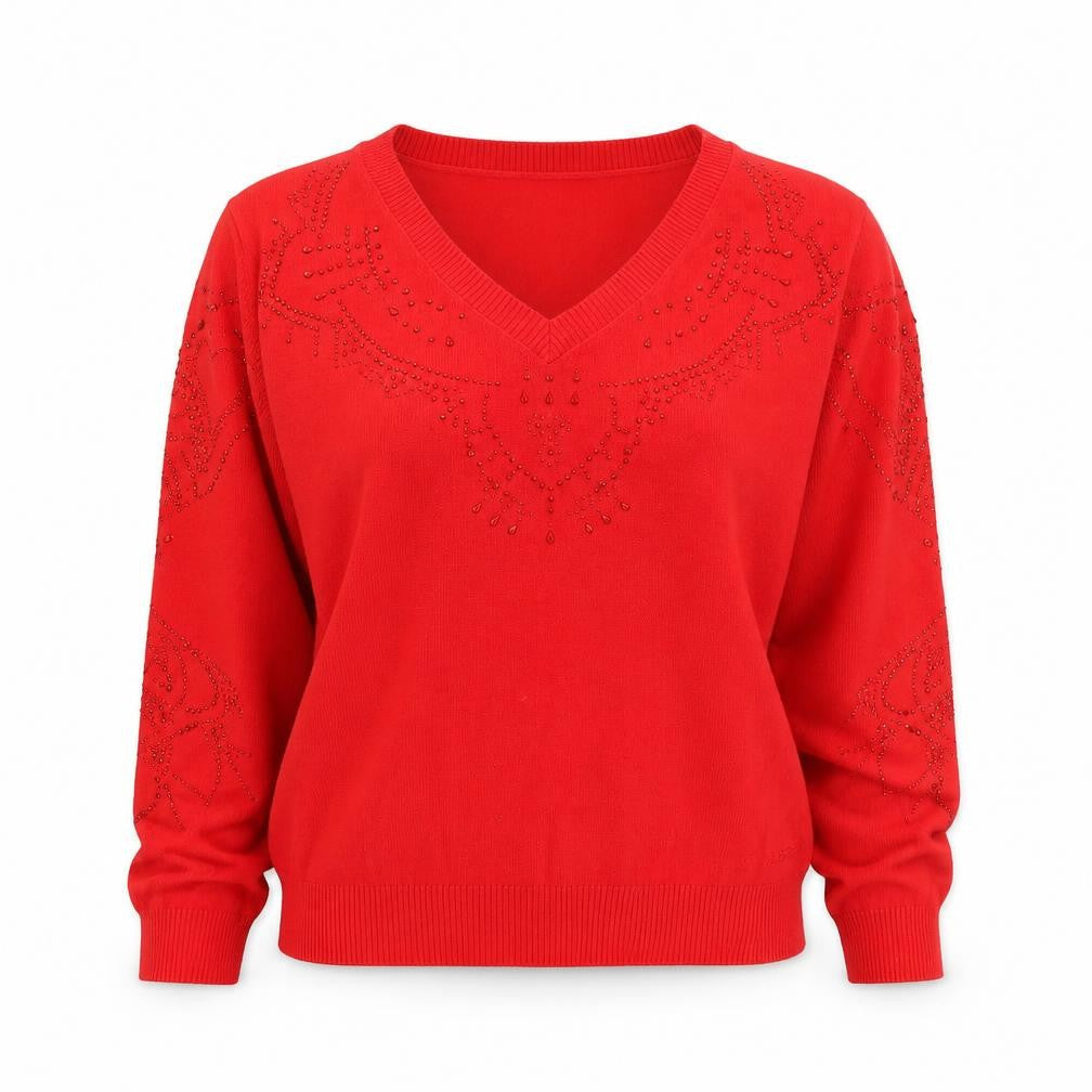 Desigual Women Red V-Neck Beaded Long Sleeve Cotton Jumper Size S