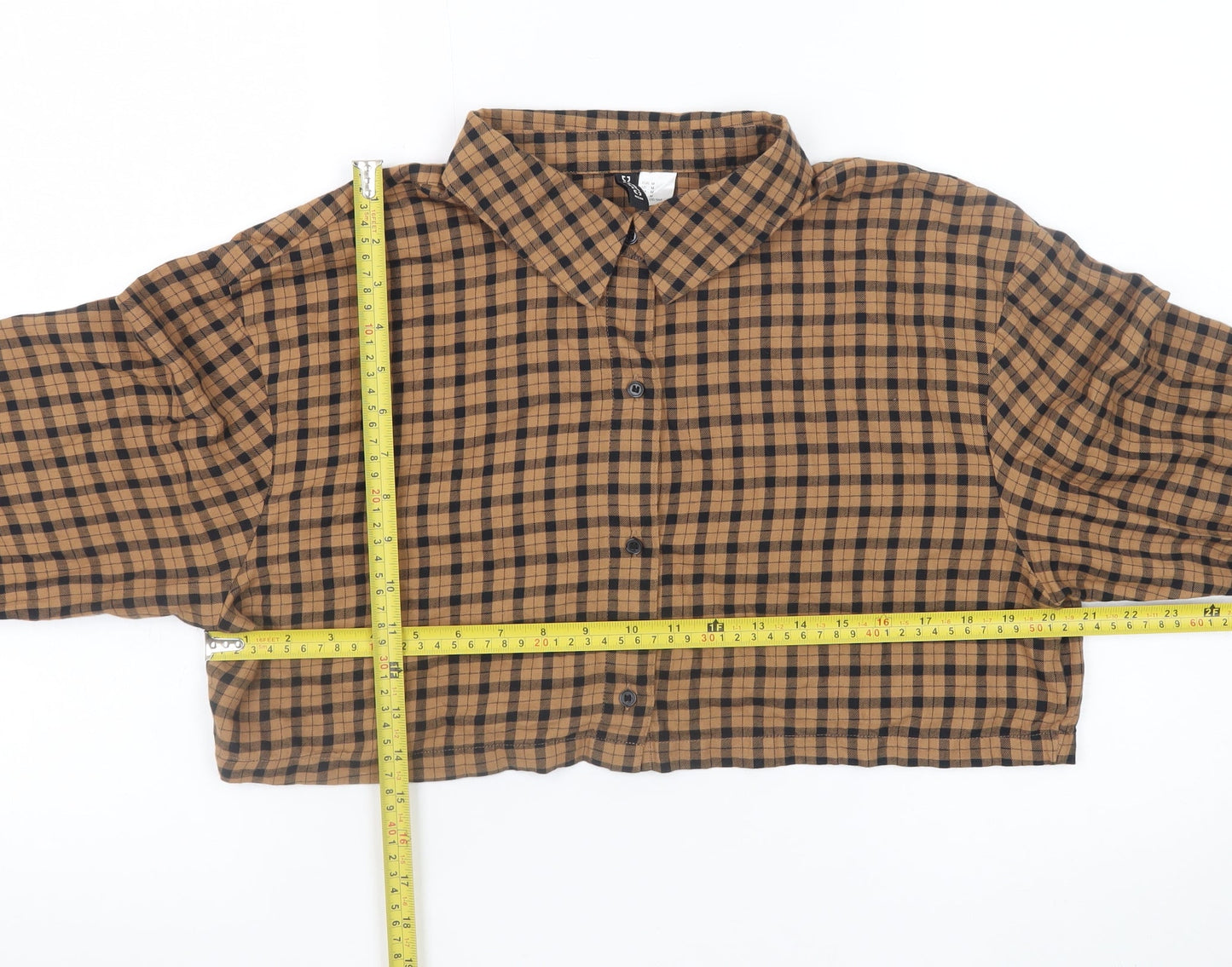 H&M Divided Women Brown Check Cropped Cotton Button-Up Shirt Size 12