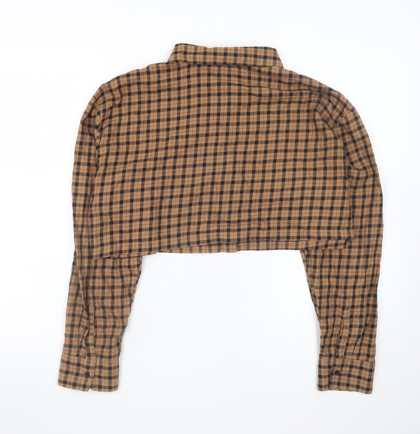H&M Divided Women Brown Check Cropped Cotton Button-Up Shirt Size 12
