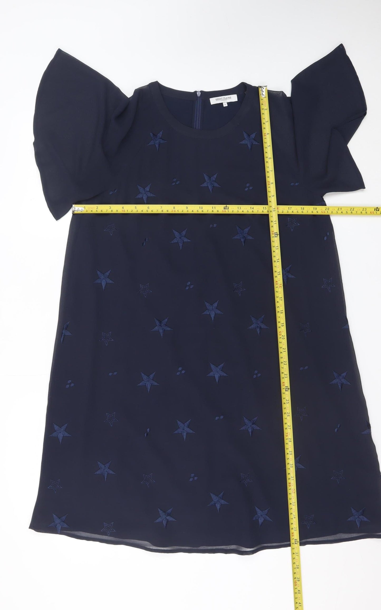 Great Plains Women’s Blue Shift Dress M Embroidered Stars Short Sleeve