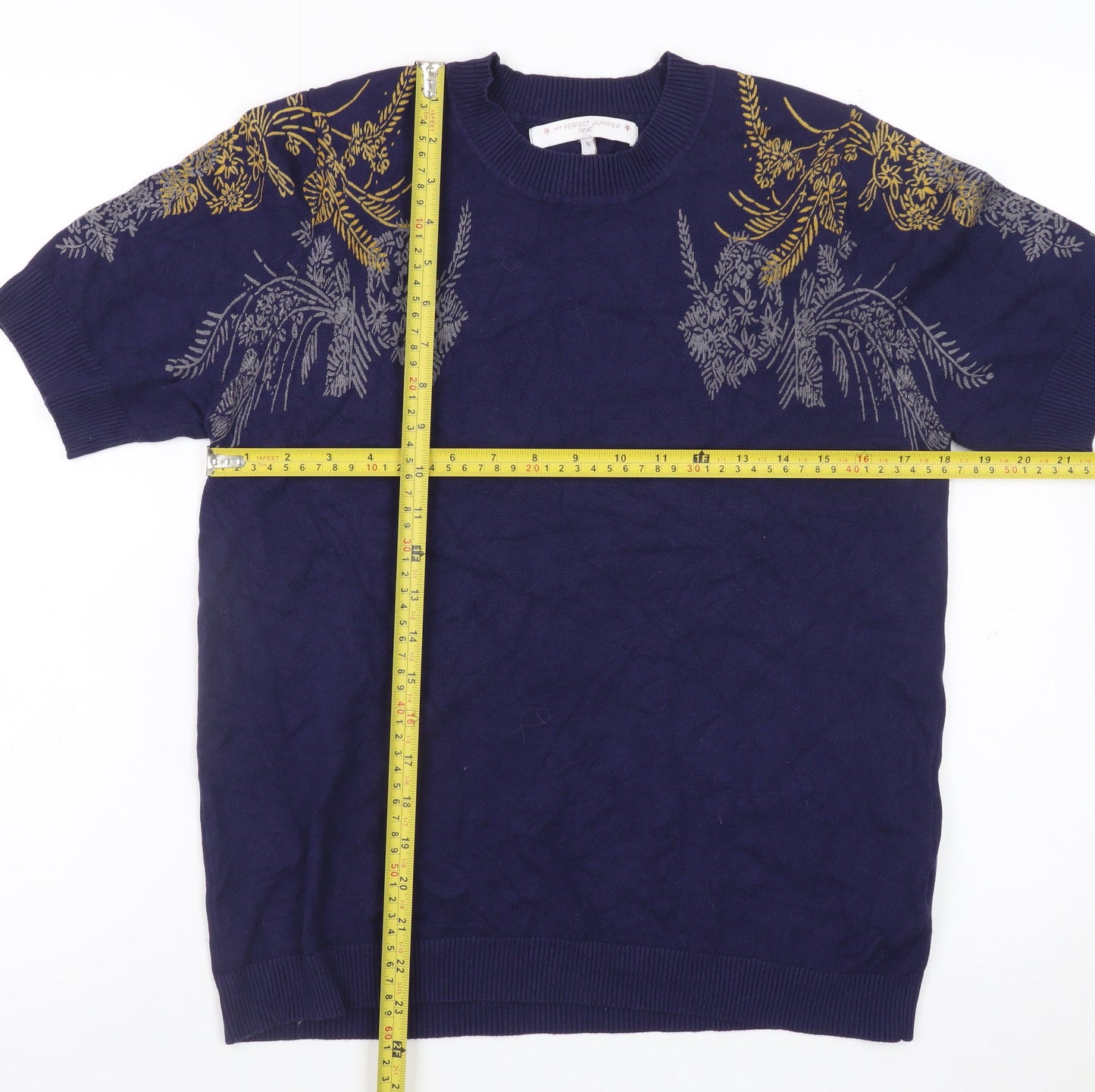 Next Women's Navy Blue Floral Short Sleeve Jumper Size 16