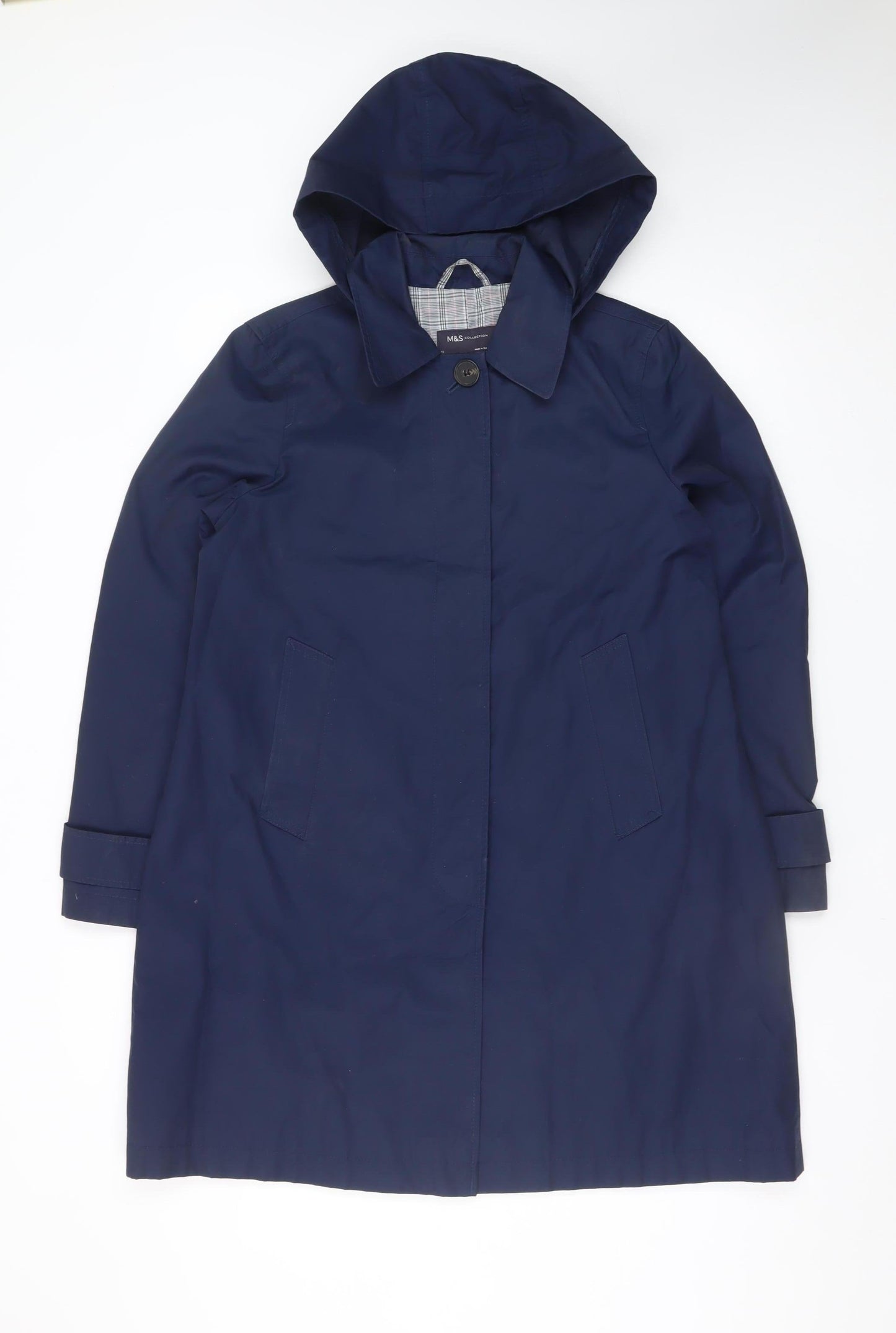 Marks and Spencer Women's Blue Hooded Long Rain Coat Size 12