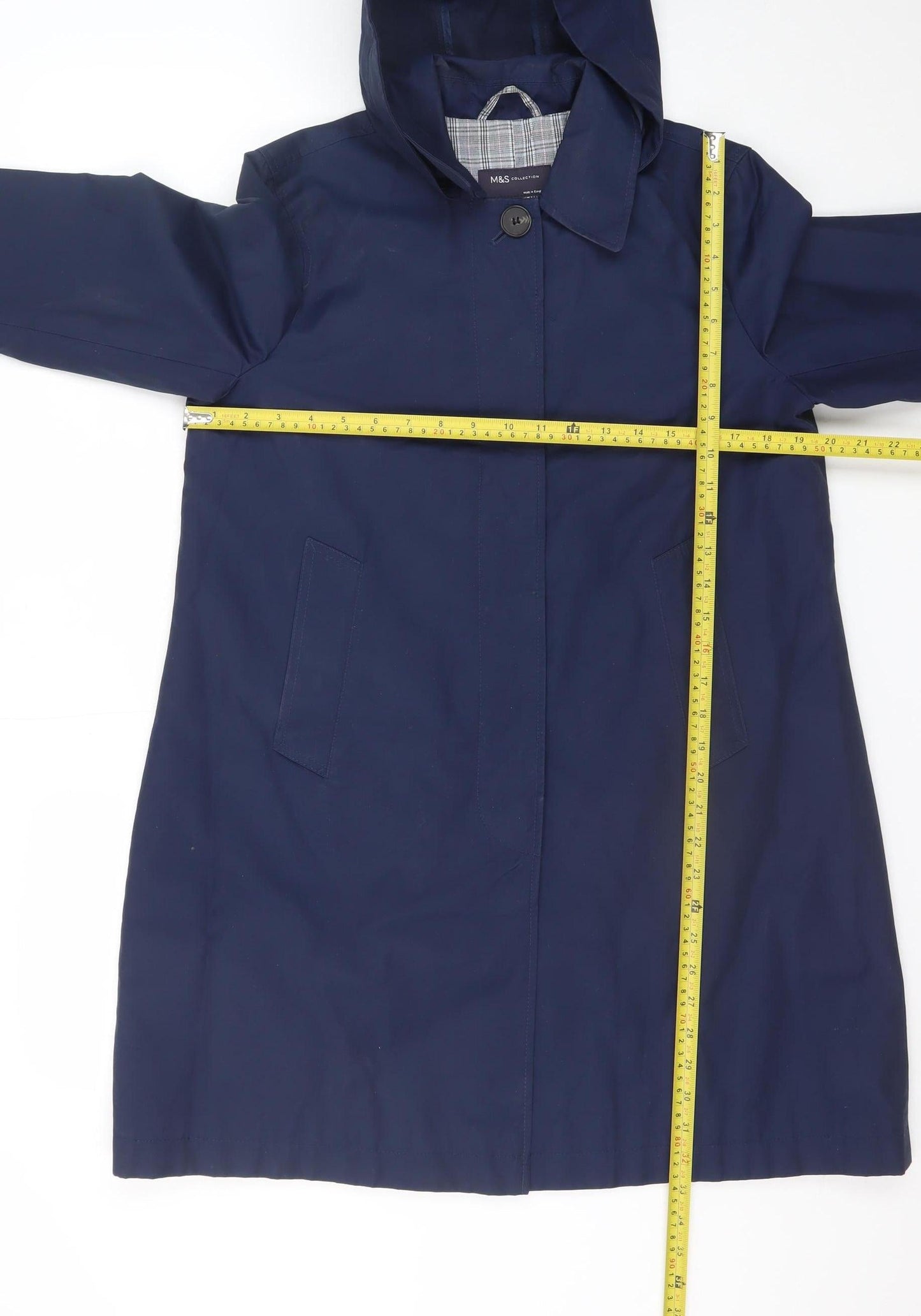 Marks and Spencer Women's Blue Hooded Long Rain Coat Size 12