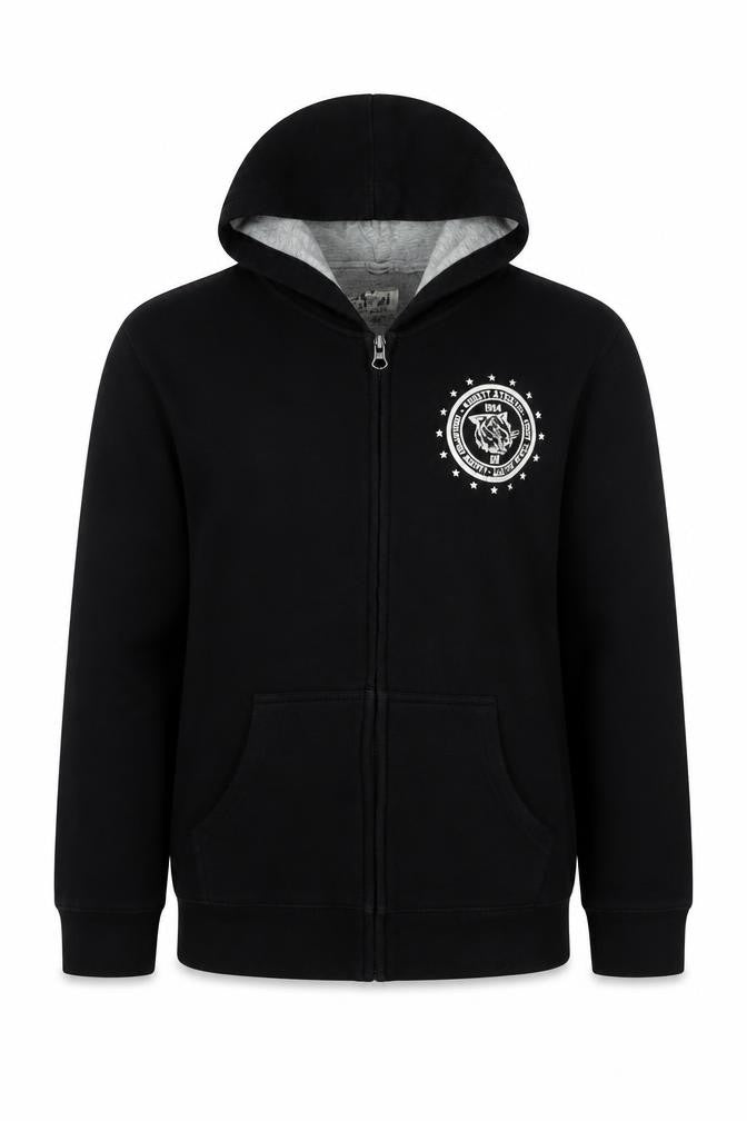 Front view of Old Navy boys’ black full zip hoodie, size 10-12, years fleece jacket