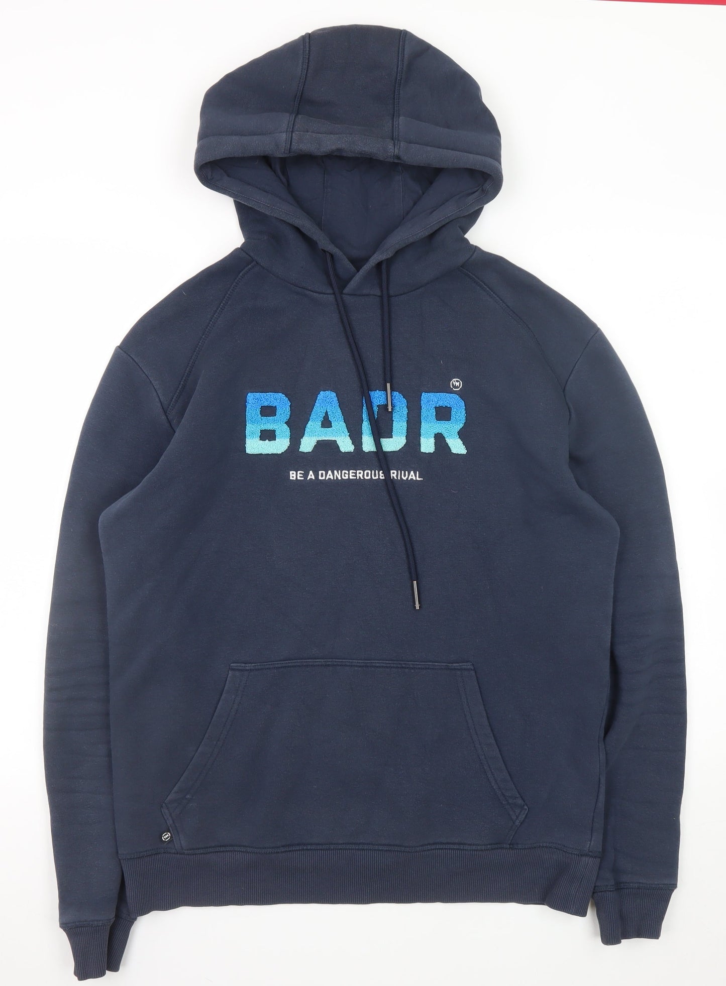 BADR Men Blue Pullover Hoodie L Graphic Print Hooded Sweatshirt