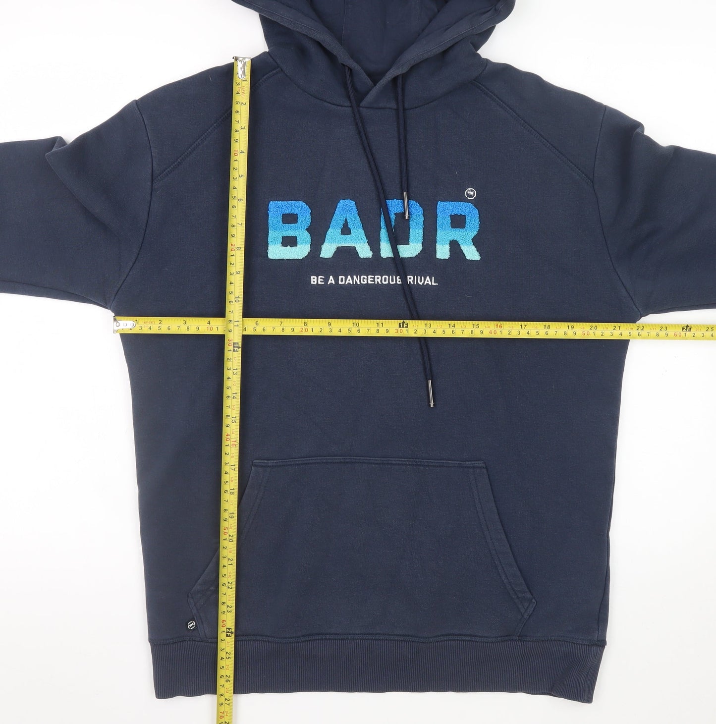 BADR Men Blue Pullover Hoodie L Graphic Print Hooded Sweatshirt
