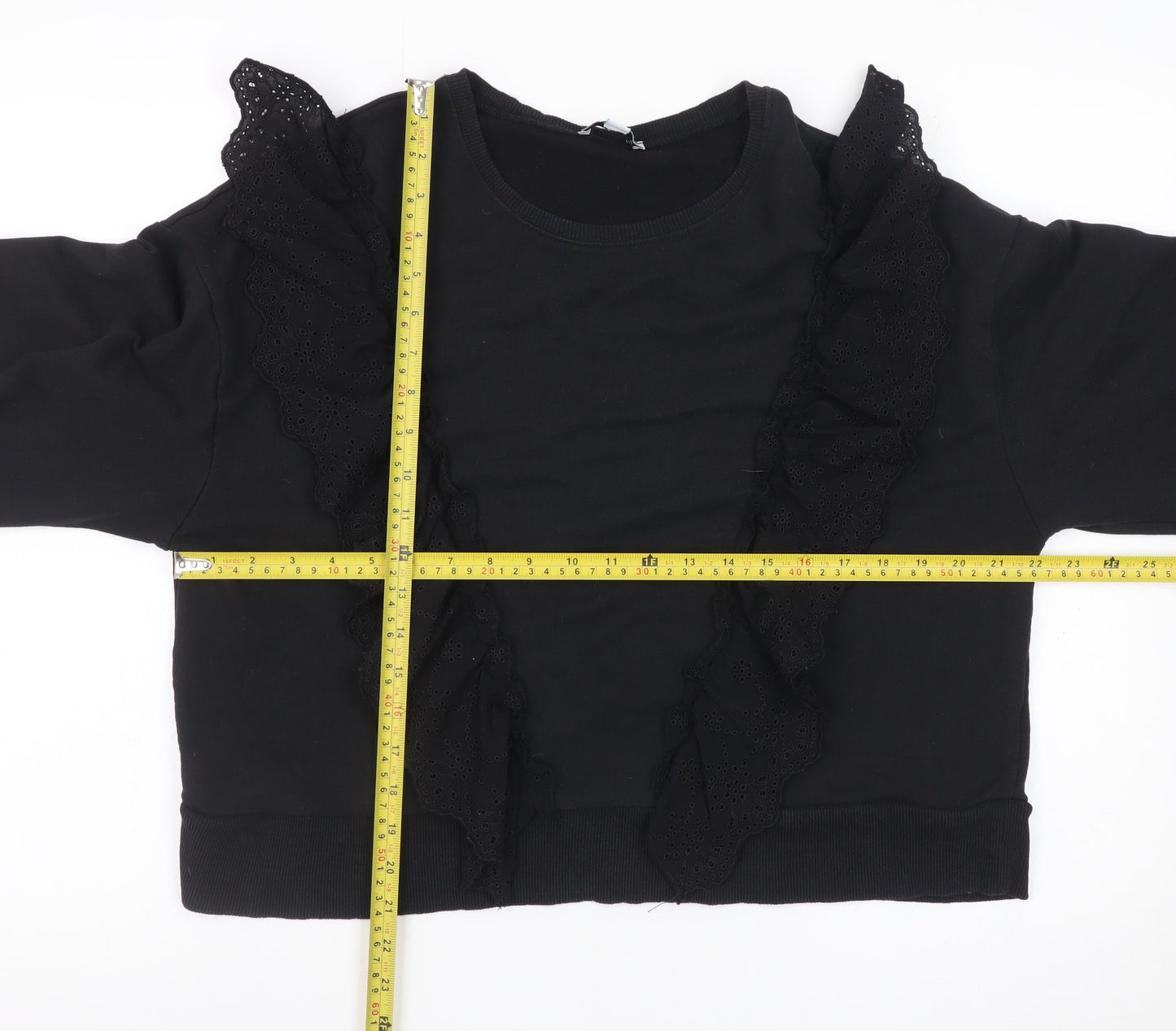 Warehouse Women Black Ruffle Long Sleeve Pullover Sweatshirt Size M