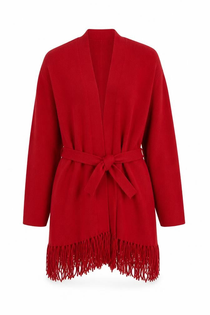Viyella Women's Red Wrap Fringe Belted Cardigan Jumper Size M
