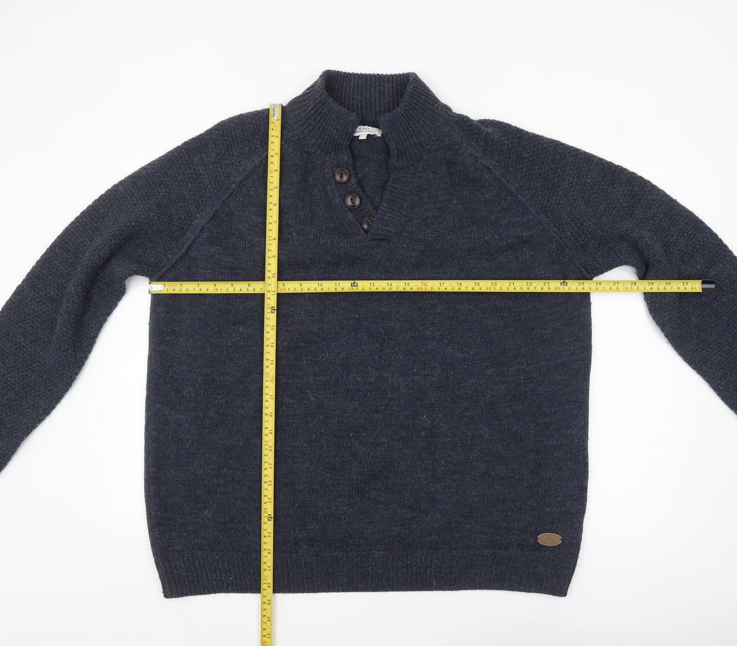 EASY Men’s Blue 2XL Henley Knit Jumper Wool Blend Warm Winter Pullover