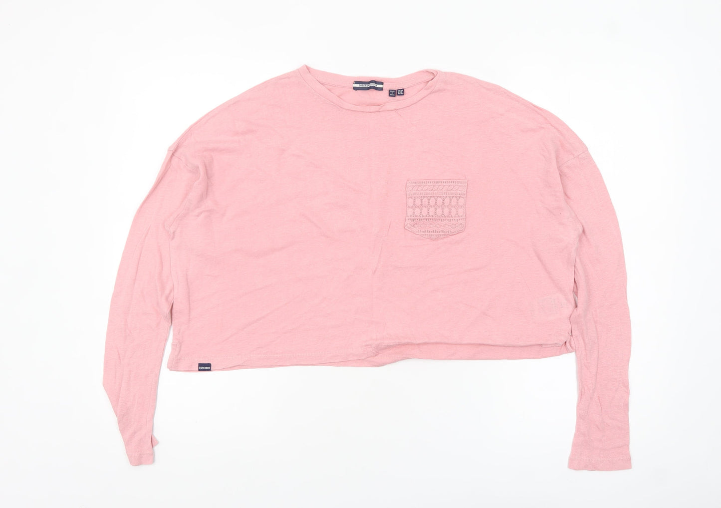 Superdry Women Pink Linen Cropped Long Sleeve T-Shirt UK10