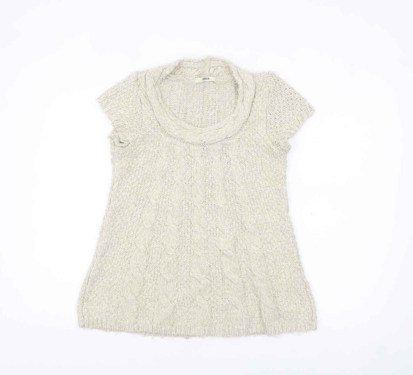 Oasis Women Beige Chunky Knit Cowl Neck Short Sleeve Jumper L