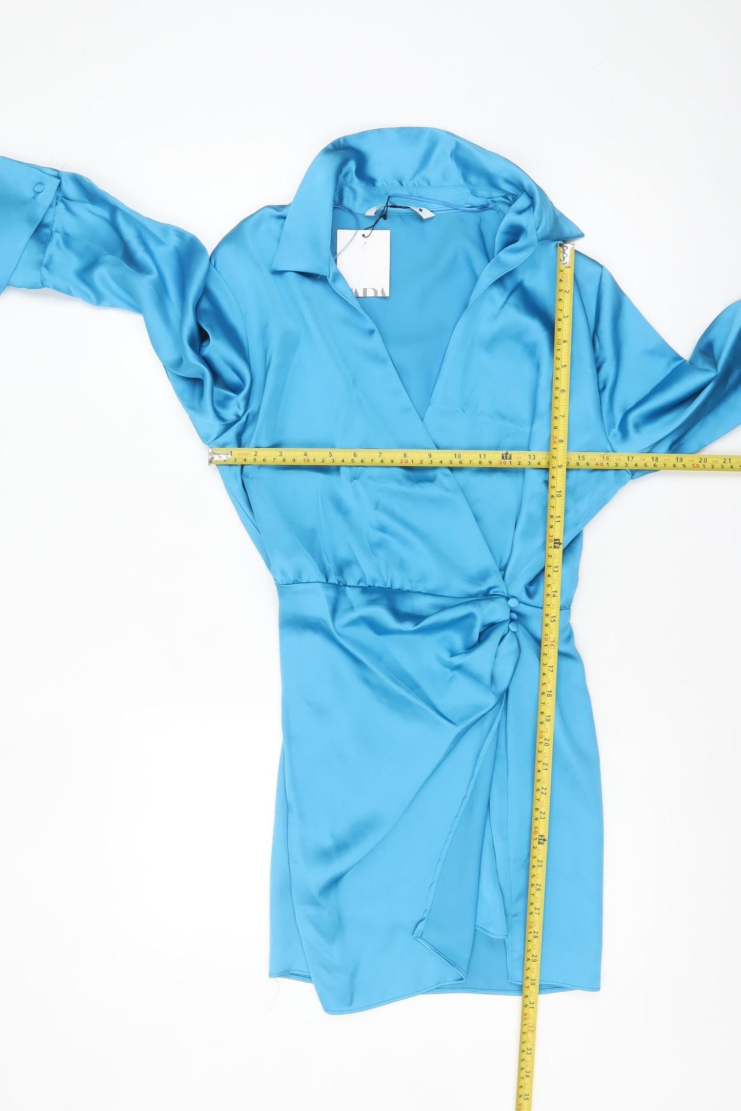 ZARA Women Blue Collared Satin Wrap Short Dress Size 16