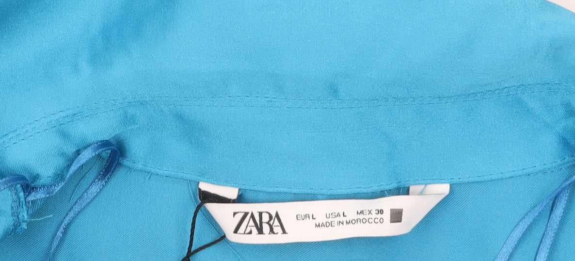 ZARA Women Blue Collared Satin Wrap Short Dress Size 16