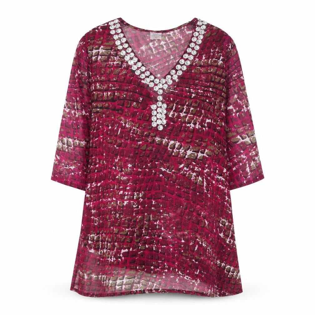 Island Expression Womens Pink Beaded V-Neck Tunic Blouse M