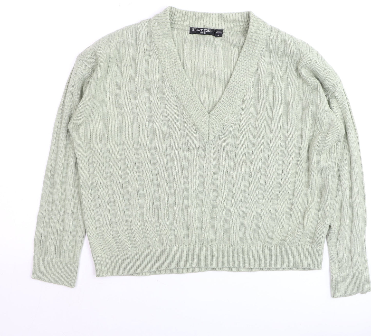 Brave Soul Women’s Green V-Neck Ribbed Knit Jumper Size 12