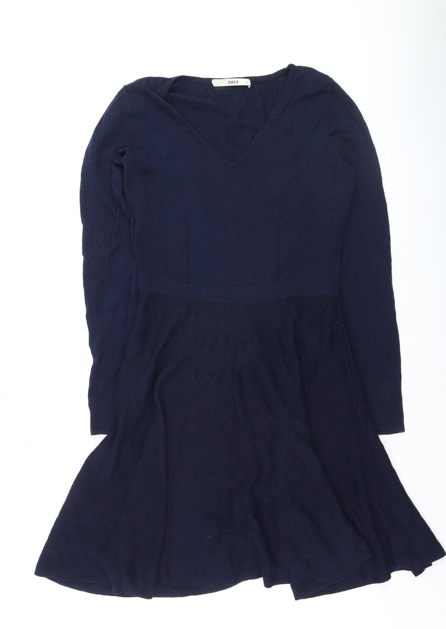 Oasis Women's Blue Knit Fit & Flare Dress Size M Long Sleeve V-Neck