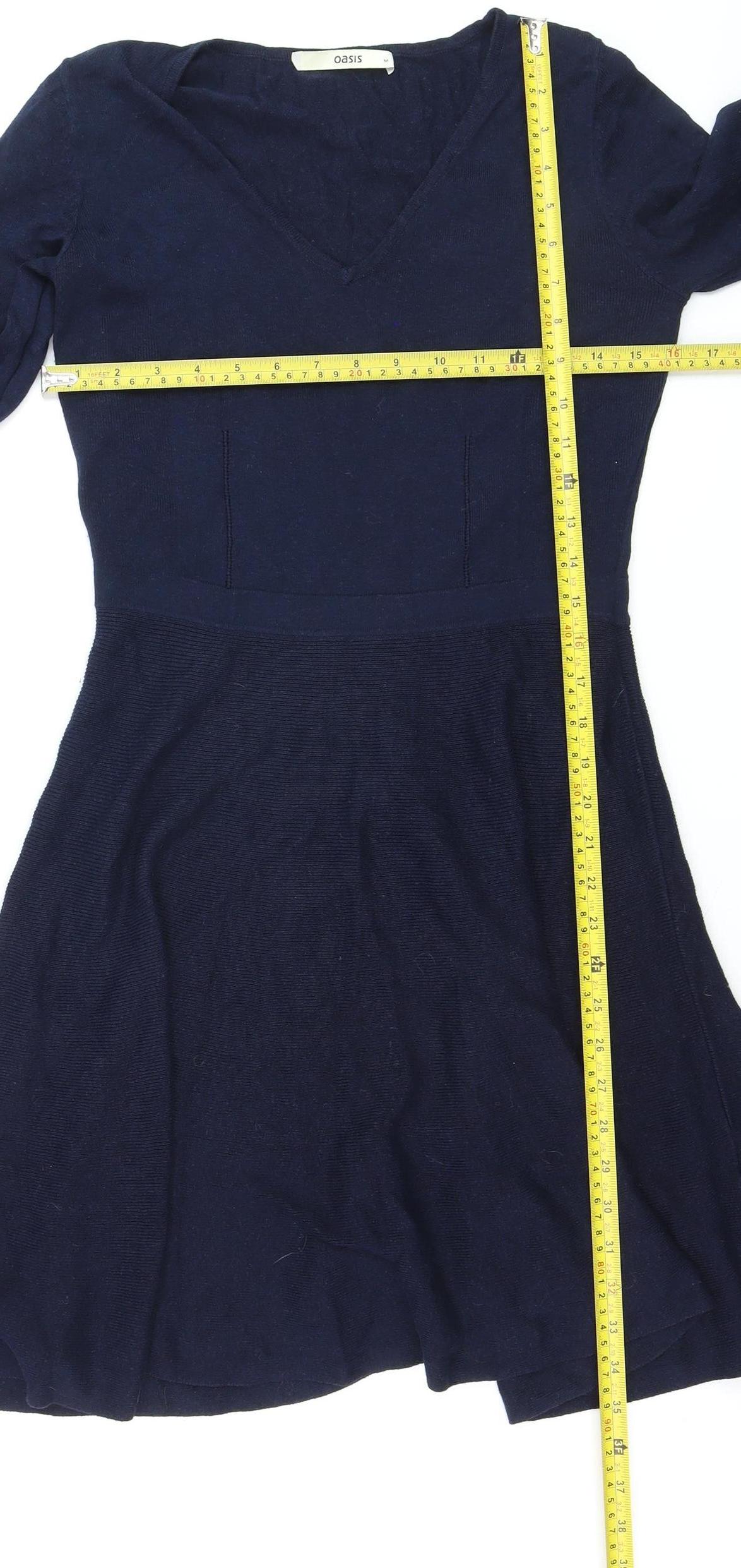 Oasis Women's Blue Knit Fit & Flare Dress Size M Long Sleeve V-Neck