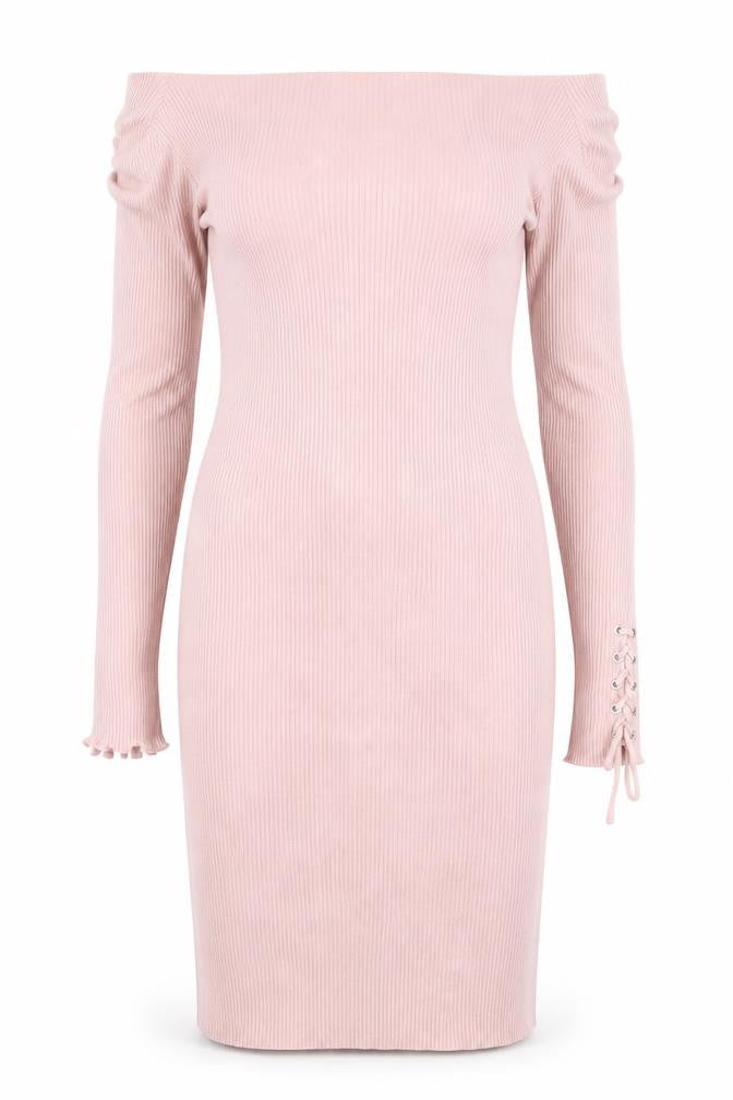 Front view of ASOS Women Pink Off Shoulder Rib Knit Bodycon Dress, size 10