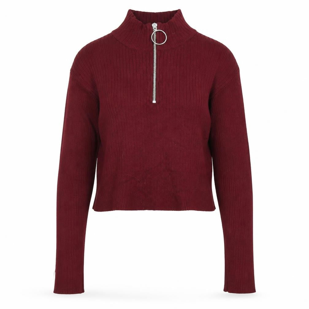 H&M Divided Women's Red Cropped Zip High Neck Long Sleeve Top Size 8