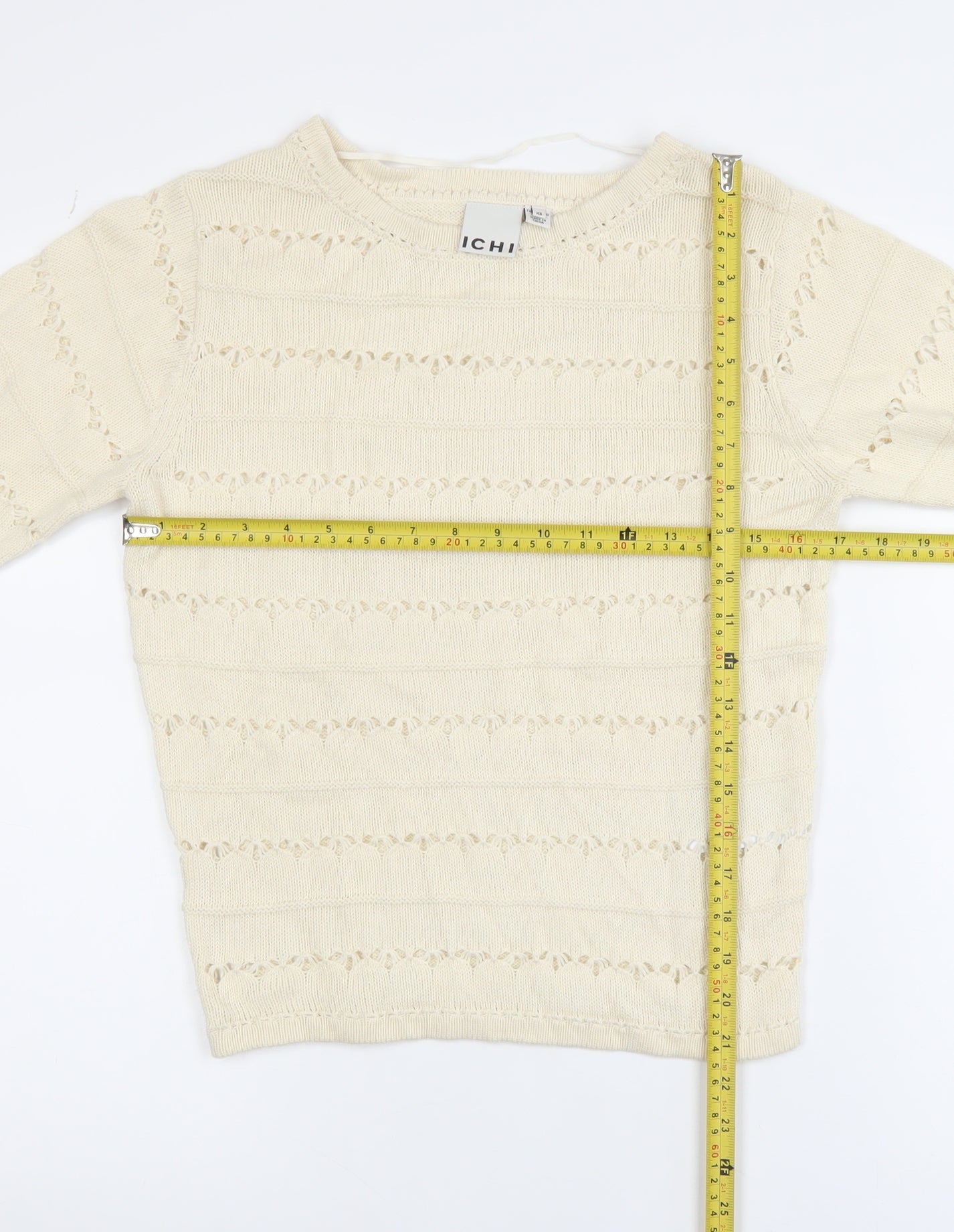 ICHI Women's Beige Open-Knit Cotton Jumper XS Lightweight Pullover