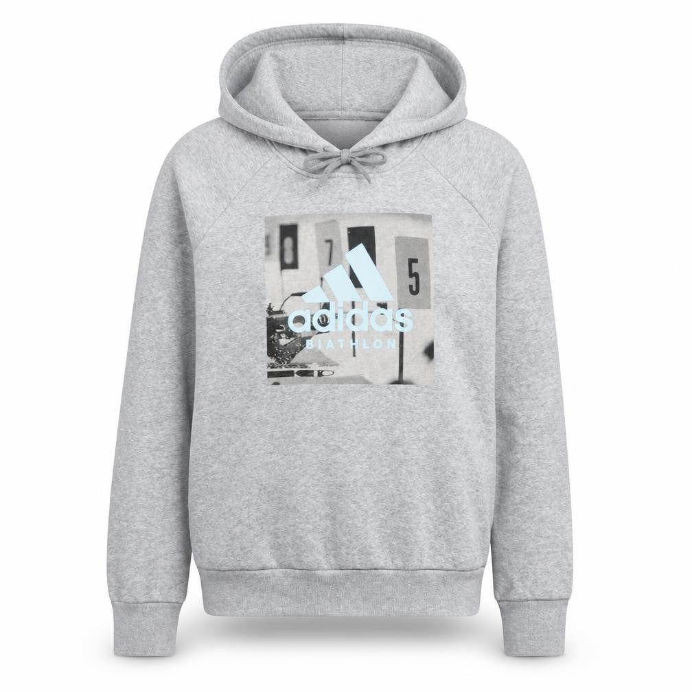Front view of Adidas Women’s Grey Pullover Hoodie Small Biathlon Graphic Print