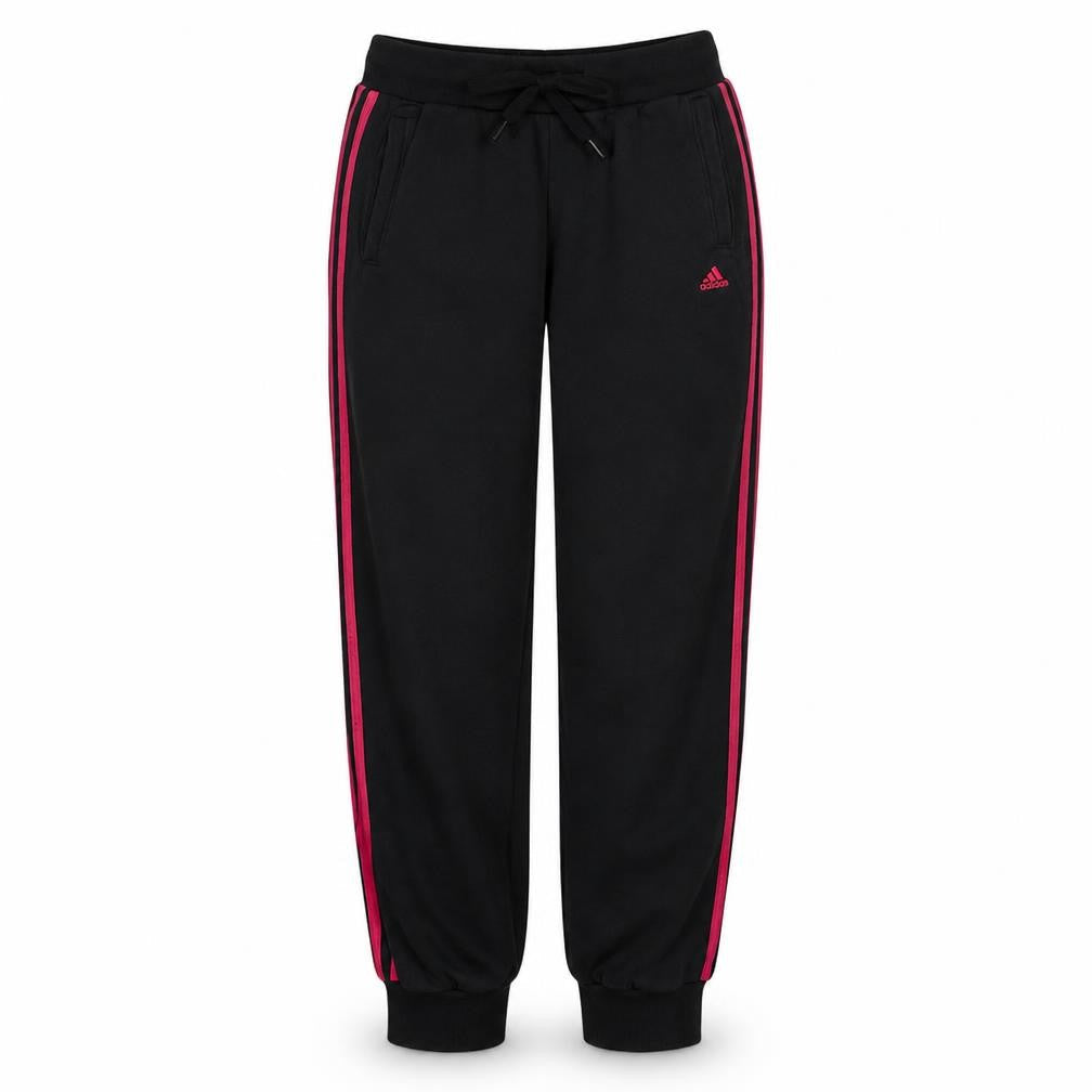 Front view of Adidas Women Black XS Jogger Trousers with Pink Stripes