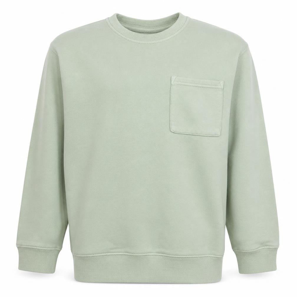 Front view of Zara boys’ green cotton blend crew neck pullover sweatshirt, size 8, years