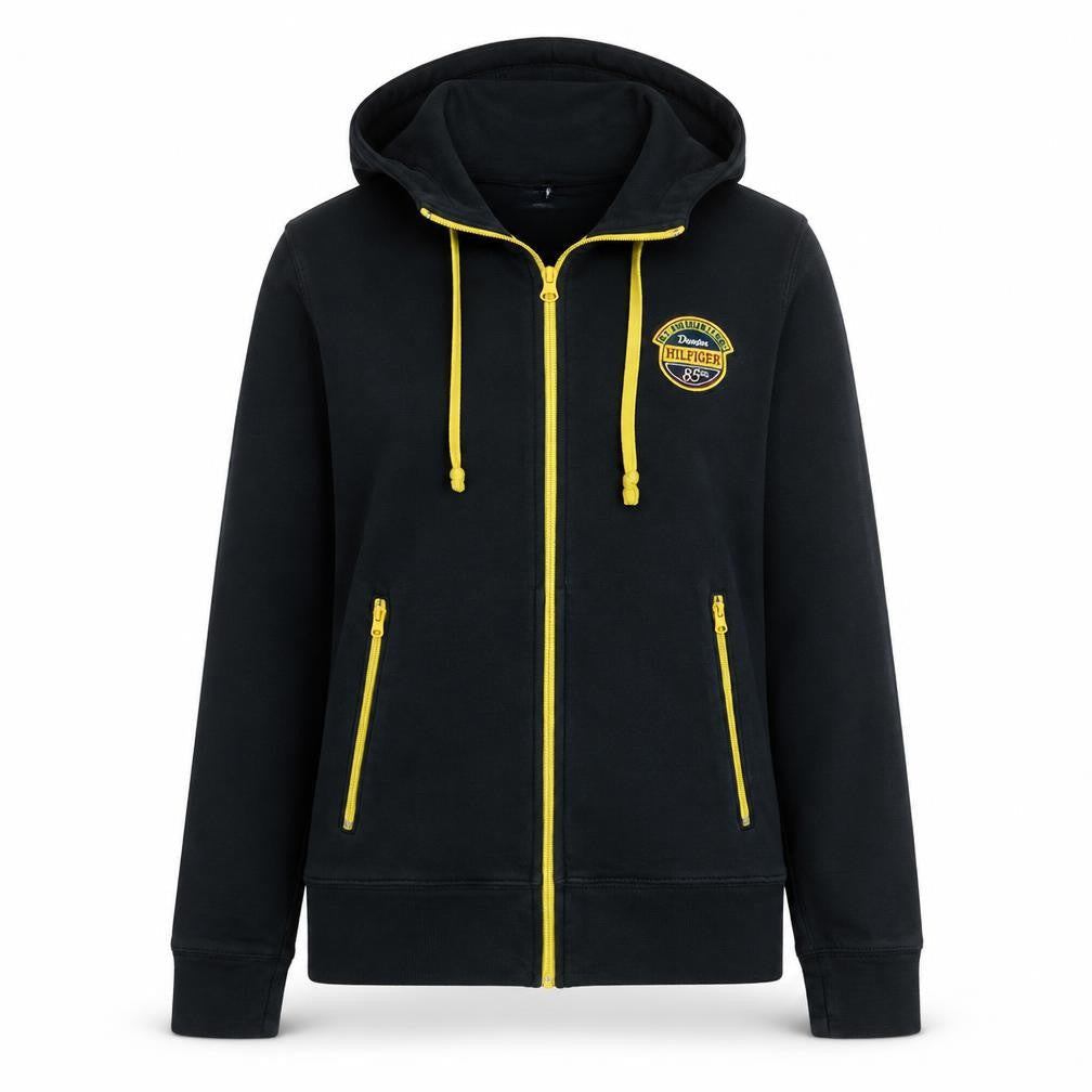 Front view of Tommy Hilfiger girls’ black full zip hooded sweatshirt xl fleece lined