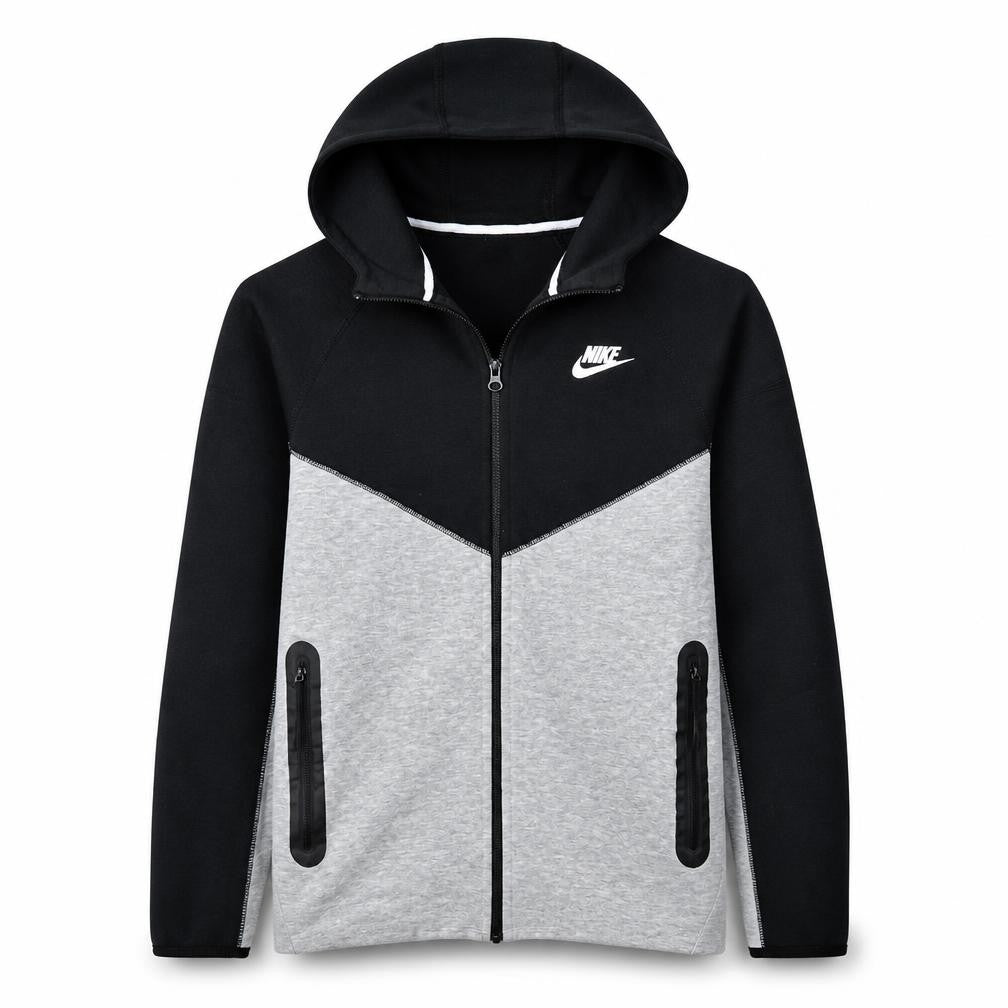 Front view of Nike boys’ black grey xl full zip colourblock hoodie sweatshirt