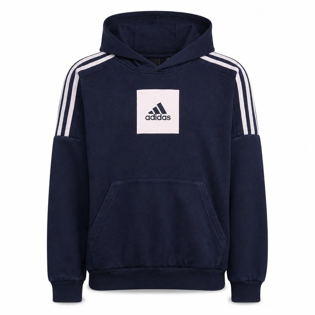 Front view of Adidas boys’ blue pullover hoodie 13-14 years hooded fleece sweatshirt
