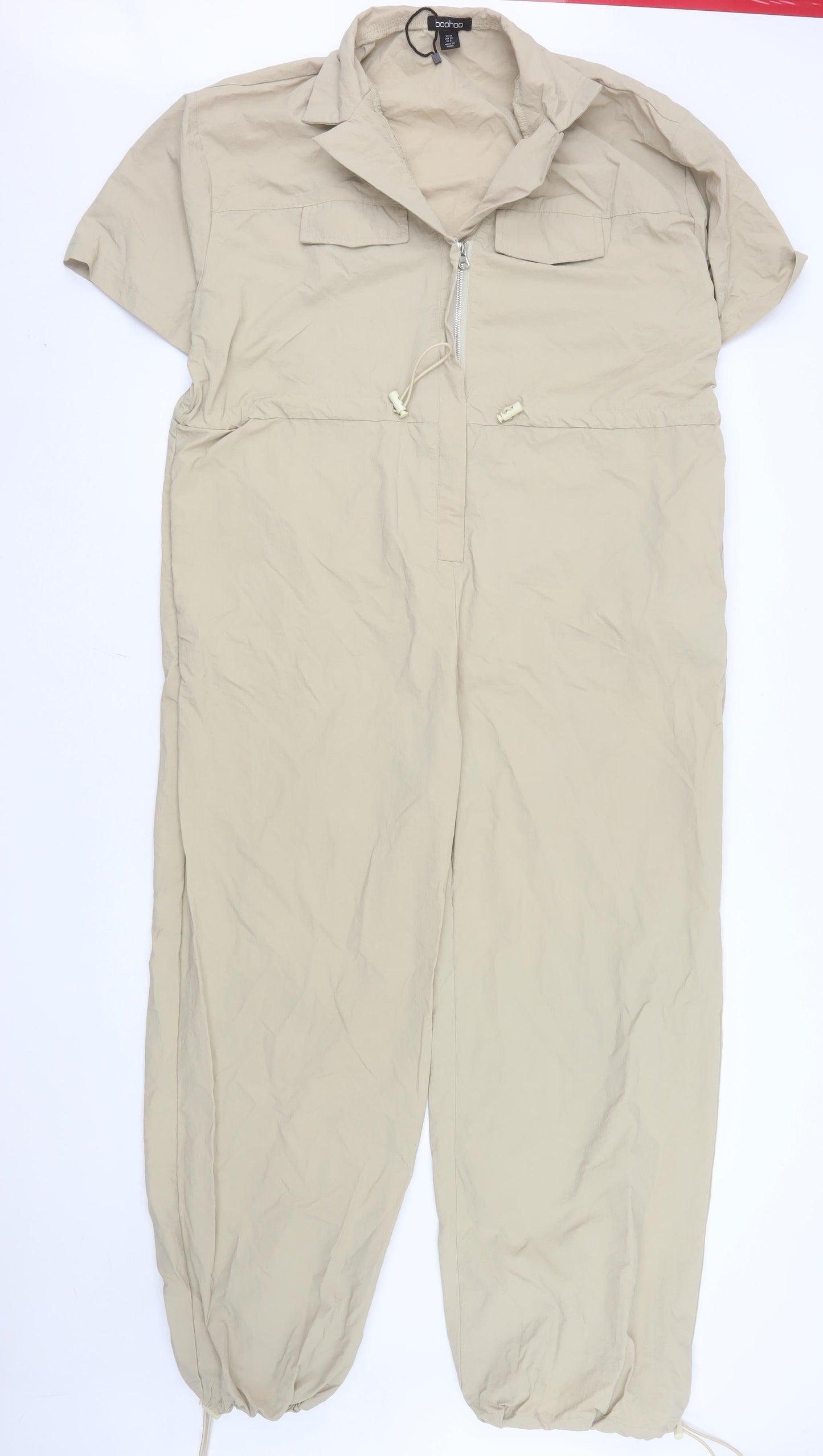 Boohoo Womens Beige Zip Front Short Sleeve Utility Jumpsuit UK 10