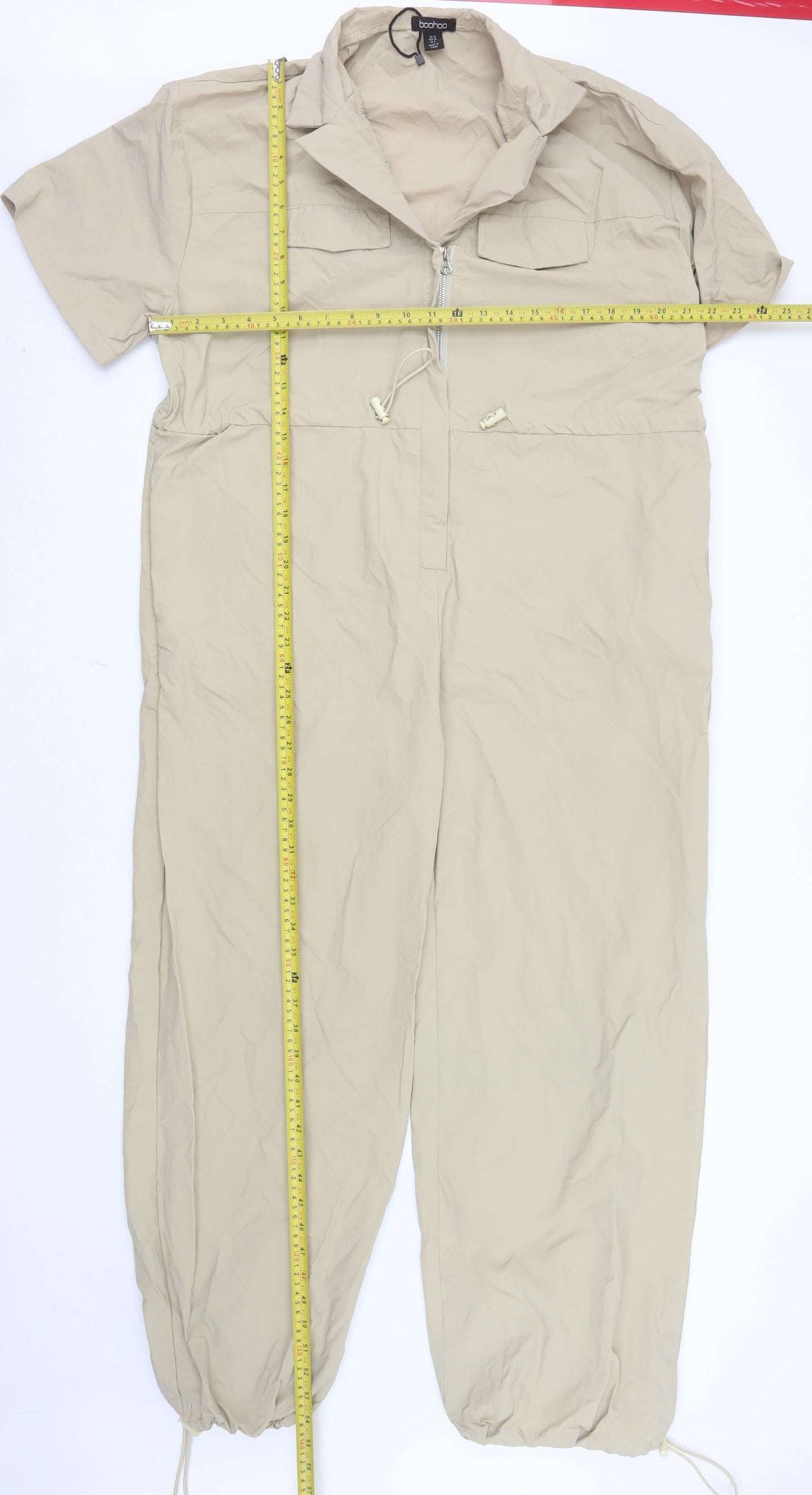 Boohoo Womens Beige Zip Front Short Sleeve Utility Jumpsuit UK 10
