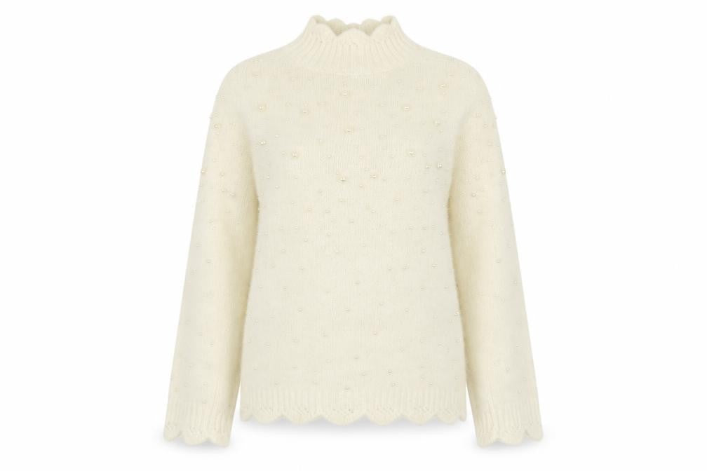 Zara Women's Ivory Beaded Mock Neck Knit Jumper Size 12