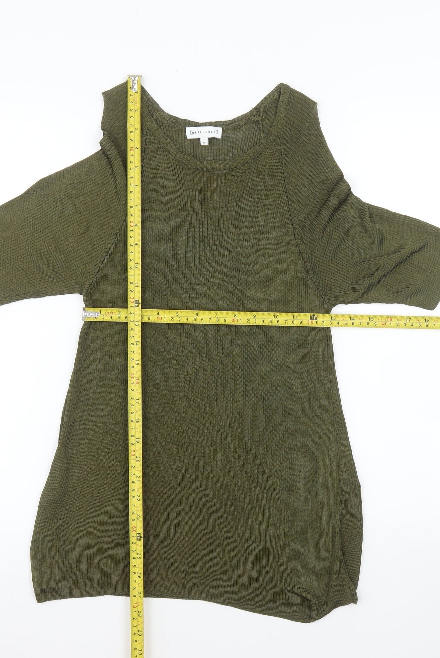 Warehouse Women's Green Ribbed Viscose Tunic Blouse Size 10