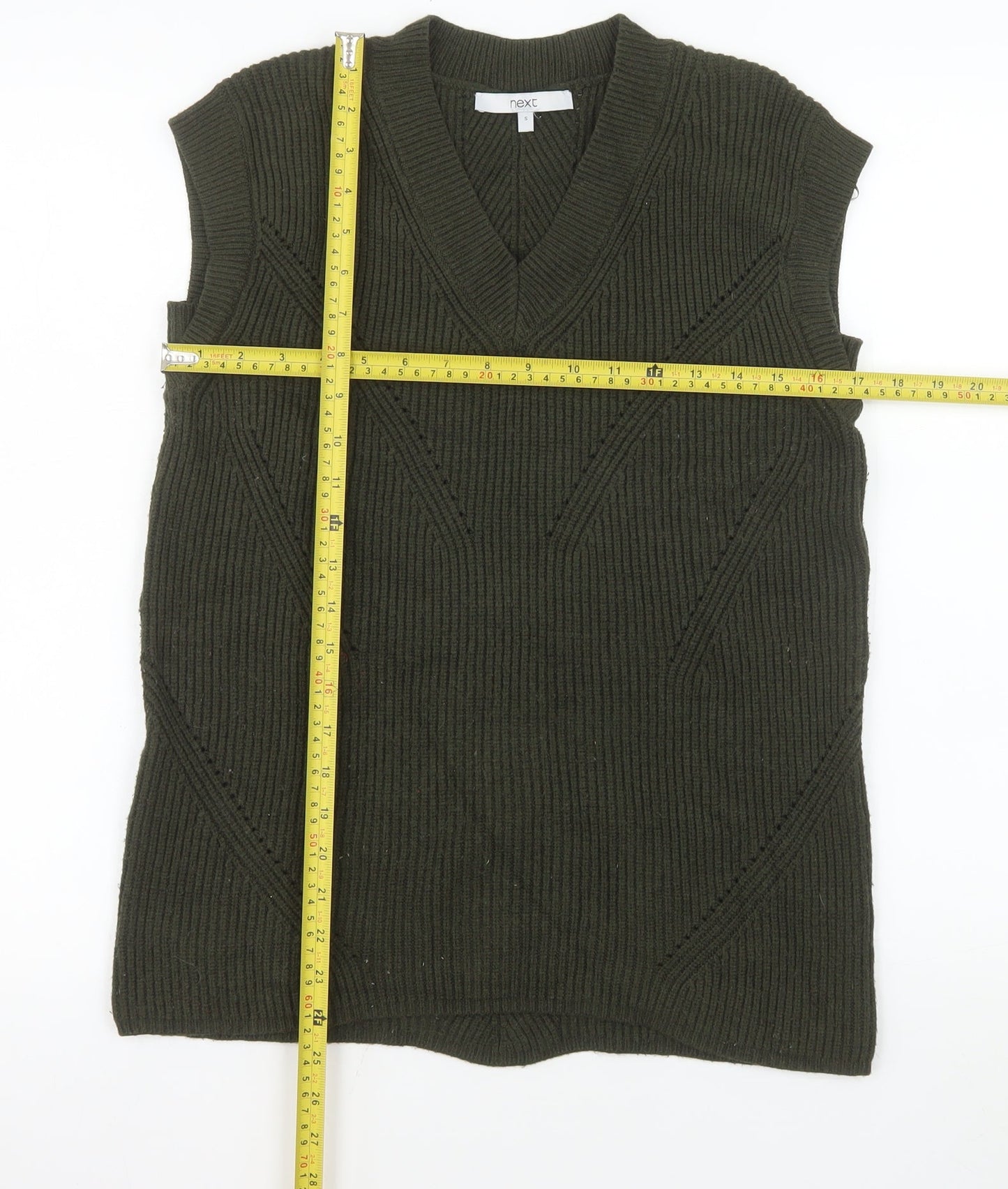 Next Men’s Green Ribbed Knit V-Neck Sleeveless Vest Jumper Size S