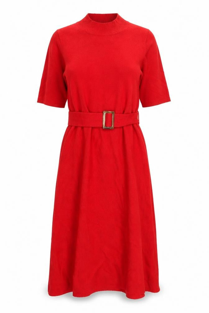 Ann Taylor Women’s Red Knit Fit & Flare Belted Dress L