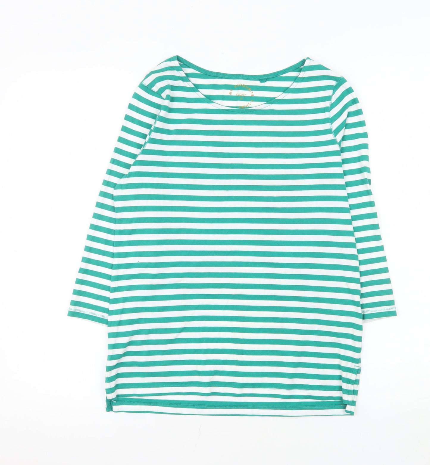 Next Women Green White Striped 3/4 Sleeve Cotton T-Shirt UK 10